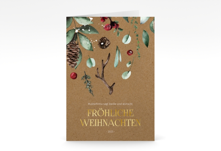 Geschäftliche Weihnachtskarte Weihnachtsgrüße A6 Klappkarte hoch Kraftpapier gold mit modernem Pflanzen-Dekor