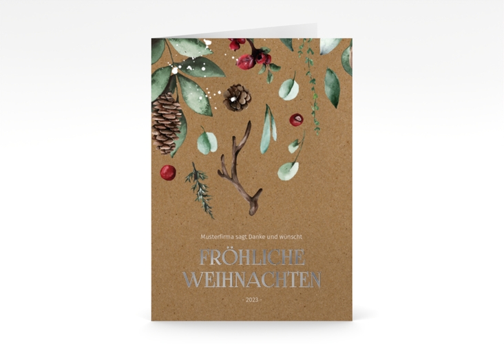Geschäftliche Weihnachtskarte Weihnachtsgrüße A6 Klappkarte hoch Kraftpapier silber mit modernem Pflanzen-Dekor