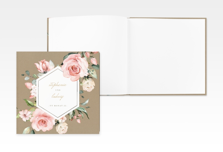 Gästebuch Creation Graceful 20 x 20 cm, Hardcover Kraftpapier silber mit Rosenblüten in Rosa und Weiß
