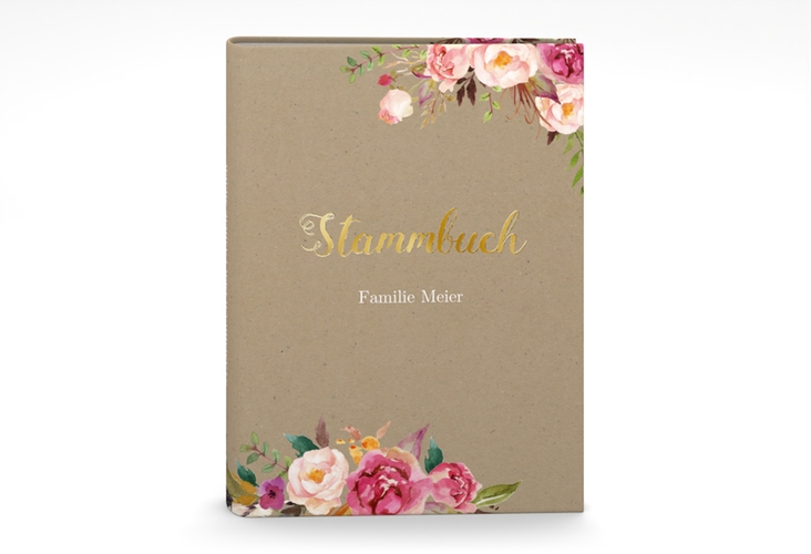 Stammbuch A5 Flowers Stammbuch A5 Kraftpapier gold mit bunten Aquarell-Blumen