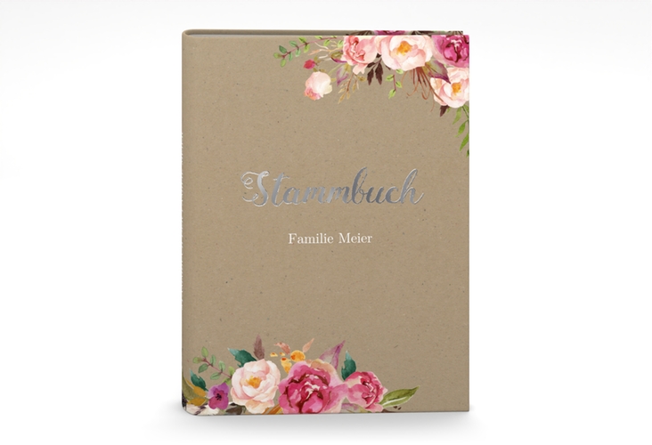 Stammbuch A5 Flowers Stammbuch A5 Kraftpapier silber mit bunten Aquarell-Blumen