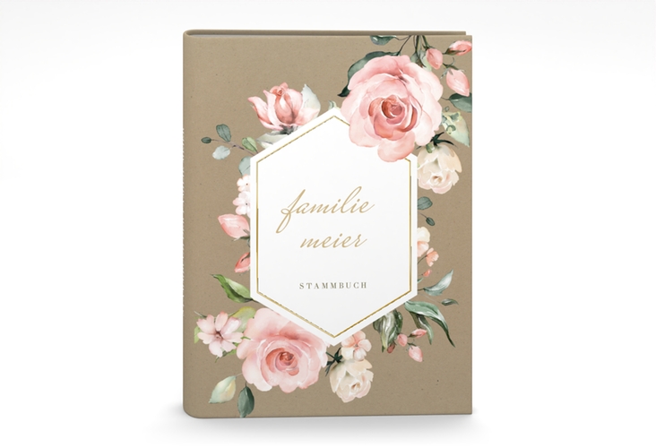 Stammbuch A5 Graceful Stammbuch A5 Kraftpapier gold mit Rosenblüten in Rosa und Weiß