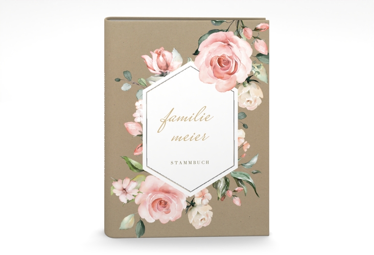 Stammbuch A5 Graceful Stammbuch A5 Kraftpapier silber mit Rosenblüten in Rosa und Weiß