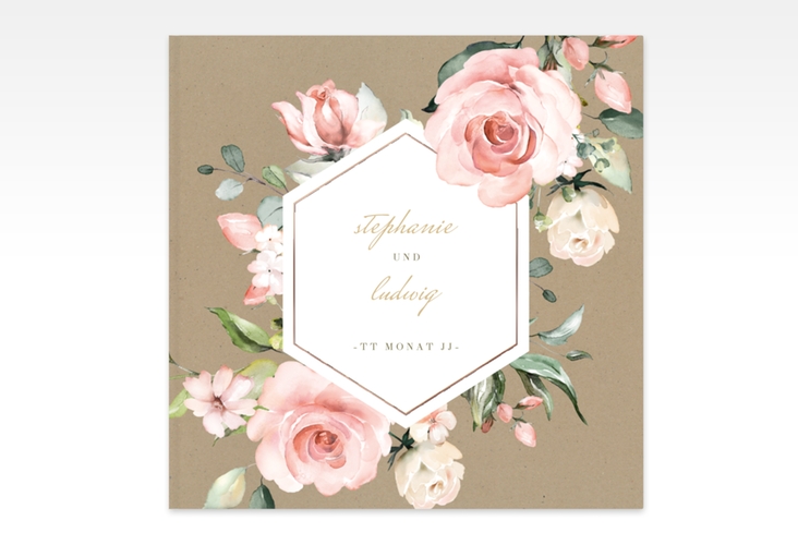 Gästebuch Creation Graceful 20 x 20 cm, Hardcover Kraftpapier rosegold mit Rosenblüten in Rosa und Weiß