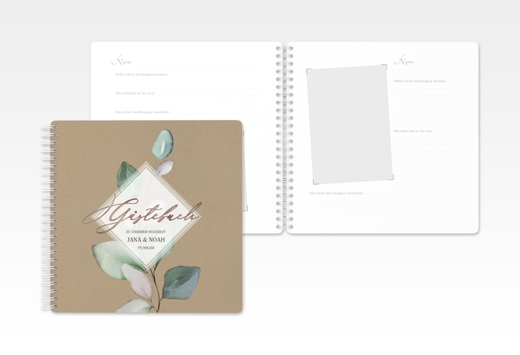 Gästebuch Hochzeit Foglia Ringbindung Kraftpapier rosegold edel mit Eukalyptus im Aquarell-Design