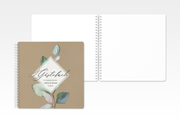 Gästebuch Hochzeit Foglia Ringbindung Kraftpapier silber edel mit Eukalyptus im Aquarell-Design