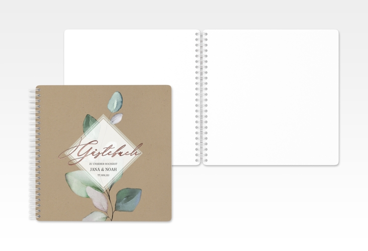 Gästebuch Hochzeit Foglia Ringbindung Kraftpapier rosegold edel mit Eukalyptus im Aquarell-Design