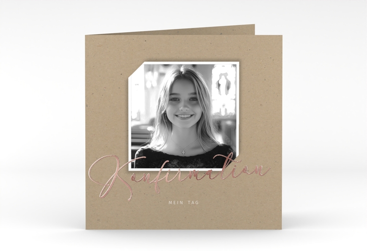 Danksagung Konfirmation Holy quadr. Klappkarte Kraftpapier rosegold