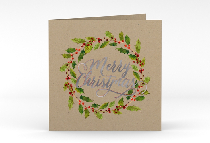 Weihnachtskarte Weihnachtskranz quadr. Klappkarte Kraftpapier silber mit Kranz aus Stechpalme