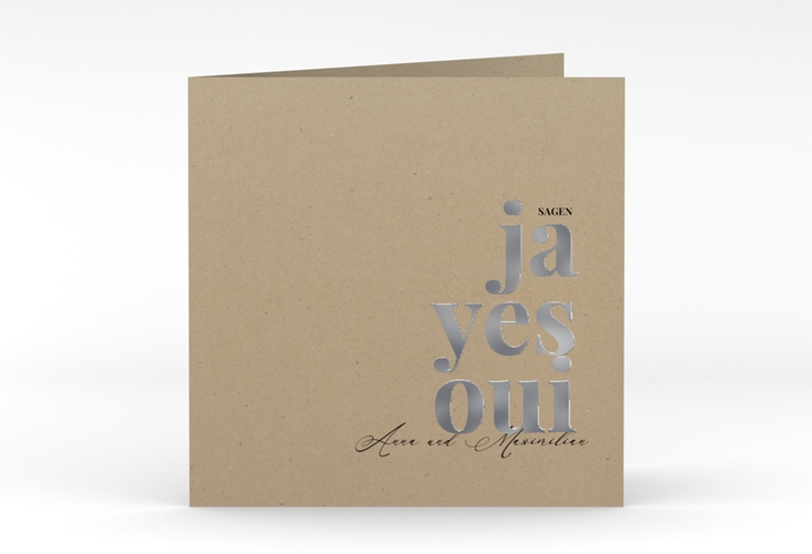Hochzeitseinladung Oui quadr. Klappkarte Kraftpapier silber mit Ja-Wort in verschiedenen Sprachen