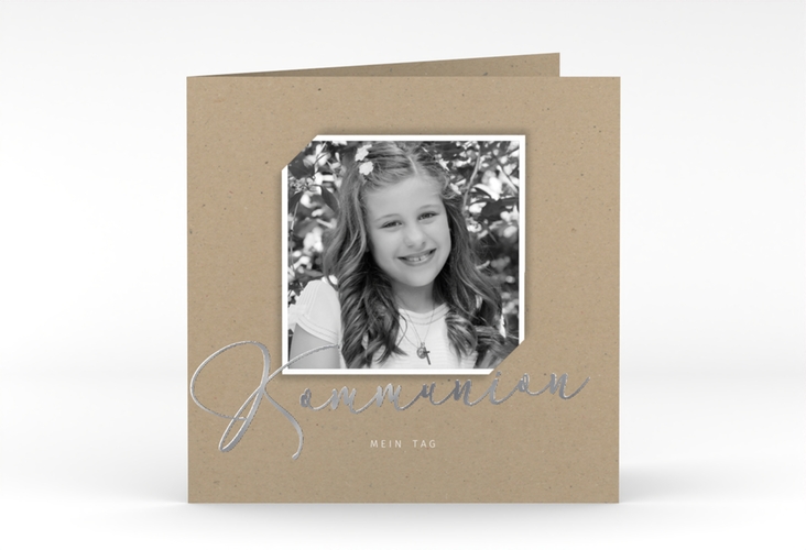 Danksagung Kommunion Heilig quadr. Klappkarte Kraftpapier silber