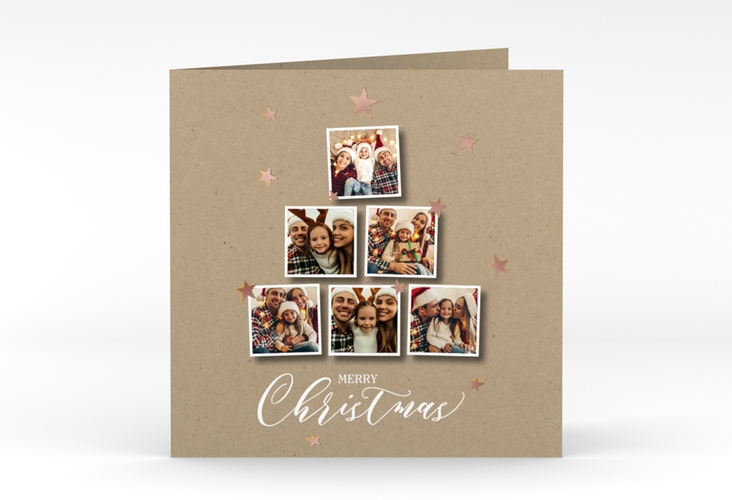 Weihnachtskarte Goldsterne quadr. Klappkarte Kraftpapier rosegold mit sechs Fotos