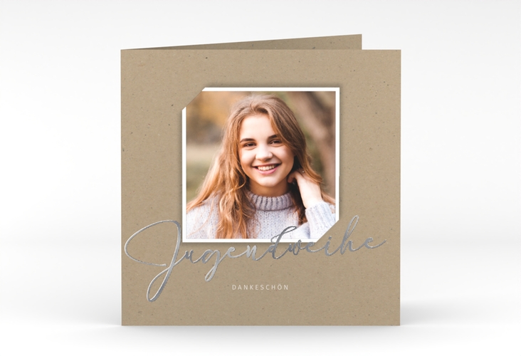 Danksagung Jugendweihe Santo quadr. Klappkarte Kraftpapier silber in Kraftpapier-Optik mit Foto