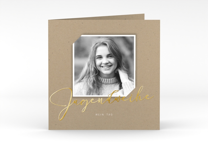 Danksagung Jugendweihe Santo quadr. Klappkarte Kraftpapier gold in Kraftpapier-Optik mit Foto