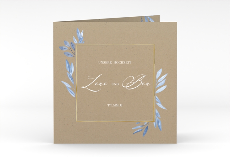 Hochzeitseinladung Classicblue quadr. Klappkarte Kraftpapier gold