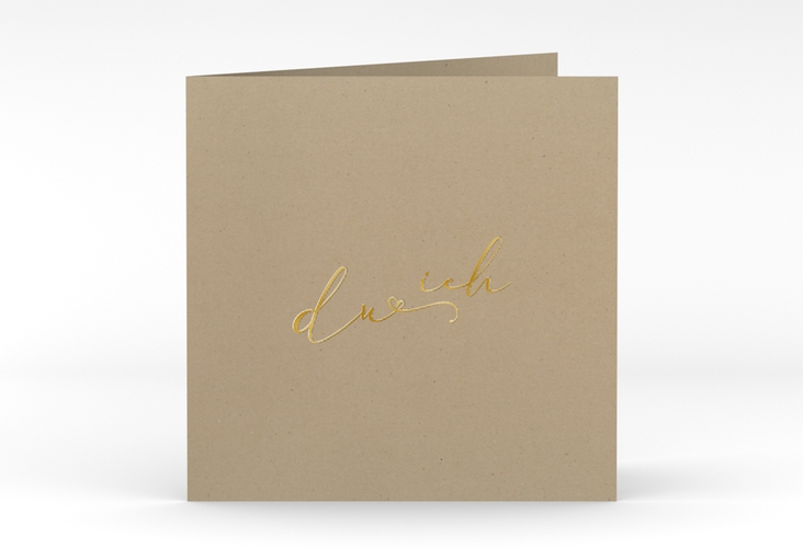Hochzeitseinladung Zweisamkeit quadr. Klappkarte Kraftpapier gold im minimalistischen Stil mit Aufschrift du & ich