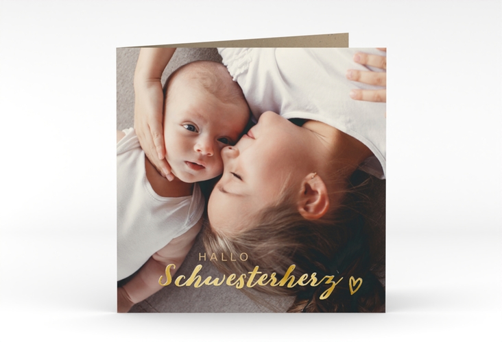 Geburtskarte Schwesterherz quadr. Klappkarte Kraftpapier gold