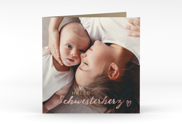 Geburtskarte Schwesterherz quadr. Klappkarte Kraftpapier rosegold