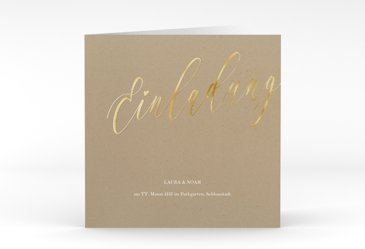 Hochzeitseinladung Kalligrafie quadr. Klappkarte Kraftpapier gold