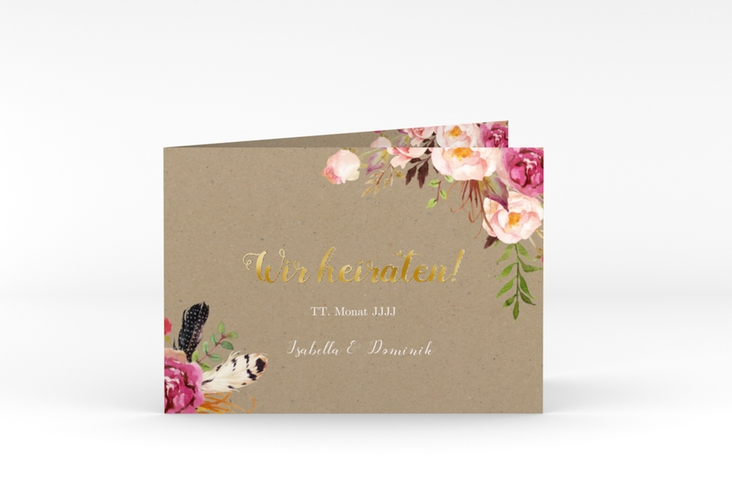 Hochzeitseinladung Flowers A6 Klappkarte quer Kraftpapier gold mit bunten Aquarell-Blumen
