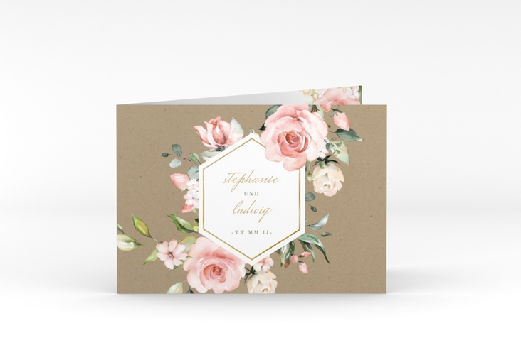 Dankeskarte Hochzeit Graceful A6 Klappkarte quer Kraftpapier gold mit Rosenblüten in Rosa und Weiß