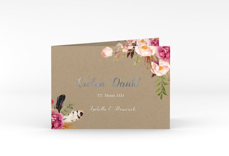 Danksagungskarte Hochzeit Flowers A6 Klappkarte quer Kraftpapier silber mit bunten Aquarell-Blumen