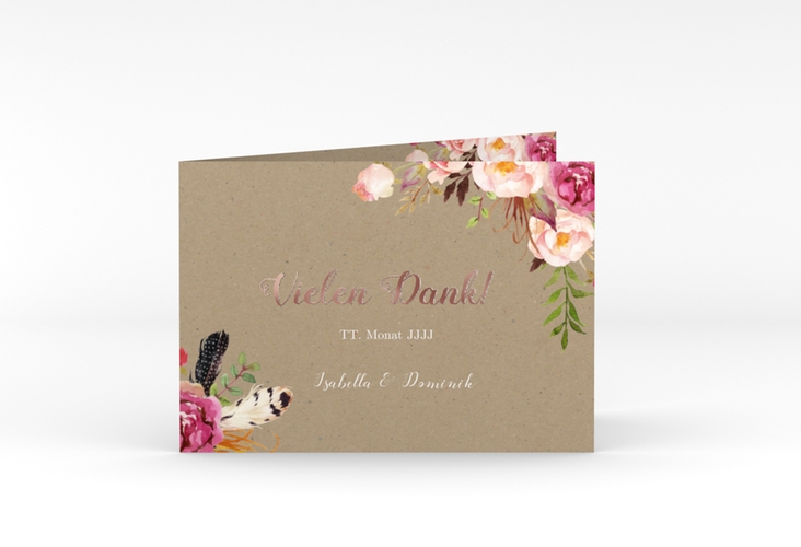 Danksagungskarte Hochzeit Flowers A6 Klappkarte quer Kraftpapier rosegold mit bunten Aquarell-Blumen