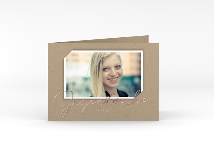 Einladung Jugendweihe Santo A6 Klappkarte quer Kraftpapier rosegold im Kraftpapier-Look mit Foto