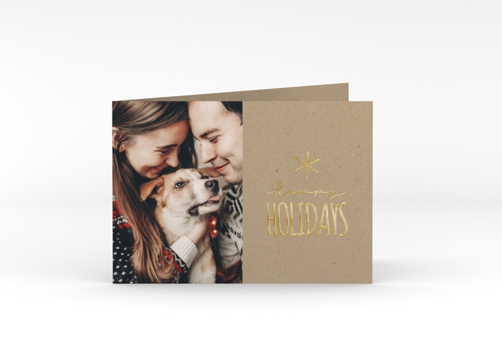 Weihnachtskarte Holidays A6 Klappkarte quer Kraftpapier gold