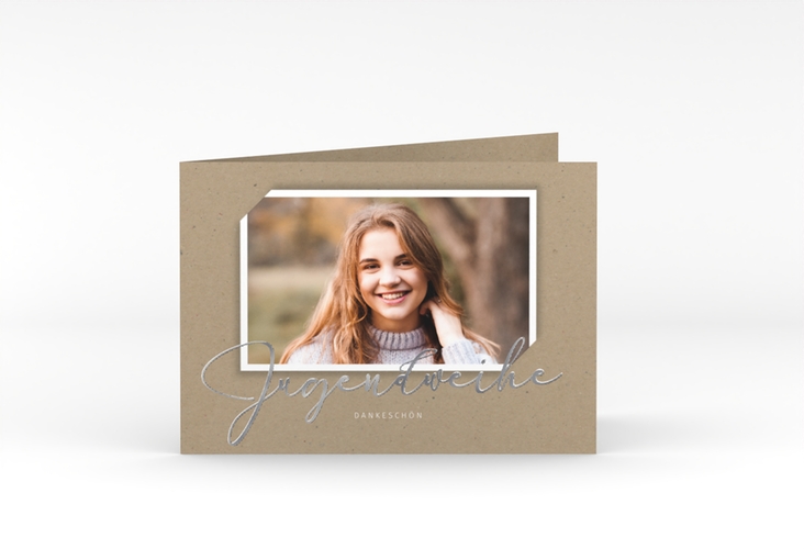 Danksagung Jugendweihe Santo A6 Klappkarte quer Kraftpapier silber in Kraftpapier-Optik mit Foto