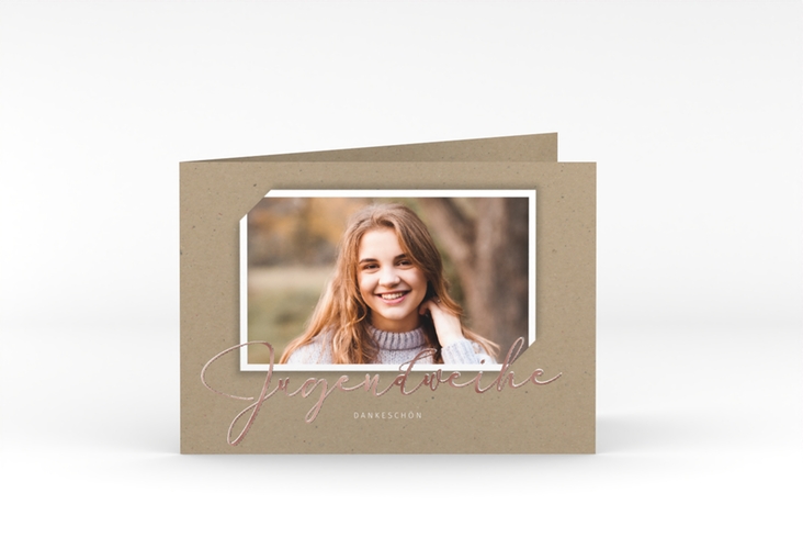 Danksagung Jugendweihe Santo A6 Klappkarte quer Kraftpapier rosegold in Kraftpapier-Optik mit Foto
