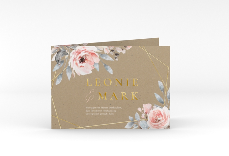 Danksagungskarte Hochzeit Perfection A6 Klappkarte quer Kraftpapier gold mit rosa Rosen