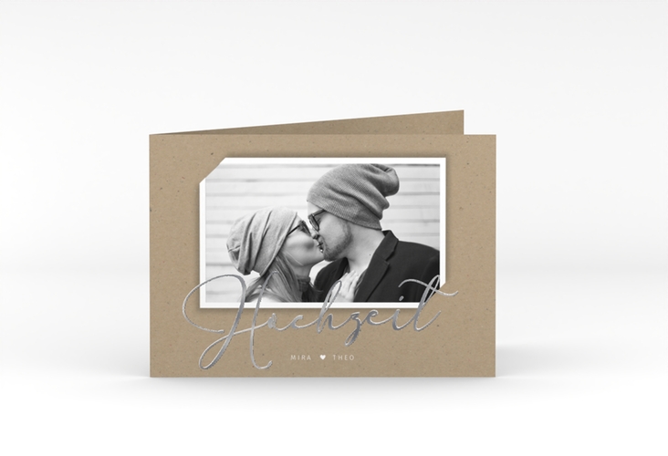 Hochzeitseinladung Crafty A6 Klappkarte quer Kraftpapier silber mit Foto