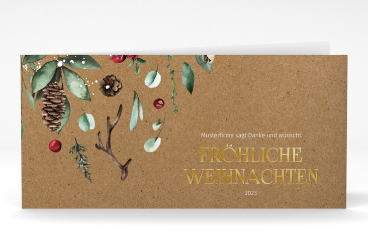 Geschäftliche Weihnachtskarte Weihnachtsgrüße lange Klappkarte quer Kraftpapier gold mit modernem Pflanzen-Dekor