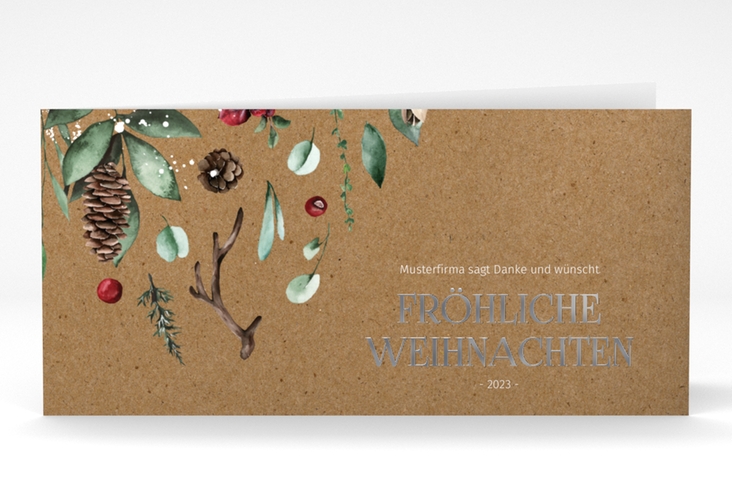 Geschäftliche Weihnachtskarte Weihnachtsgrüße lange Klappkarte quer Kraftpapier silber mit modernem Pflanzen-Dekor