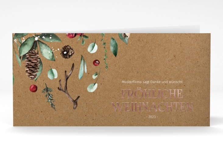 Geschäftliche Weihnachtskarte Weihnachtsgrüße lange Klappkarte quer Kraftpapier rosegold mit modernem Pflanzen-Dekor