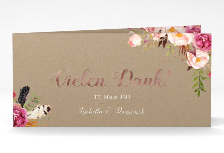 Danksagungskarte Hochzeit Flowers lange Klappkarte quer Kraftpapier rosegold mit bunten Aquarell-Blumen