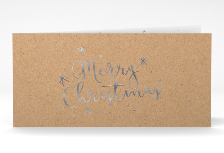 Geschäftliche Weihnachtskarte Winterfreude lange Klappkarte quer Kraftpapier silber