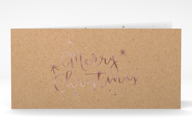 Geschäftliche Weihnachtskarte Winterfreude lange Klappkarte quer Kraftpapier rosegold