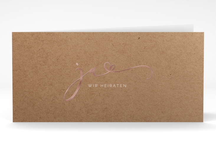 Hochzeitseinladung Jawort lange Klappkarte quer Kraftpapier rosegold modern minimalistisch mit veredelter Aufschrift