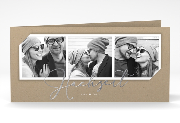 Hochzeitseinladung Crafty lange Klappkarte quer Kraftpapier silber mit drei Fotos