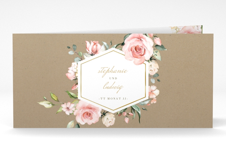Hochzeitseinladung Graceful lange Klappkarte quer Kraftpapier gold mit Rosenblüten in Rosa und Weiß