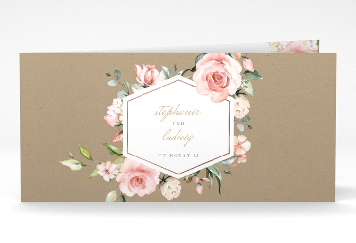 Hochzeitseinladung Graceful lange Klappkarte quer Kraftpapier rosegold mit Rosenblüten in Rosa und Weiß