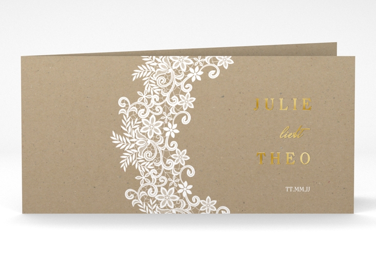 Dankeskarte Hochzeit Mariage lange Klappkarte quer Kraftpapier gold mit Bogen aus weißer Spitze