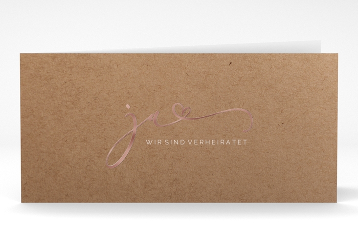 Danksagungskarte Hochzeit Jawort lange Klappkarte quer Kraftpapier rosegold modern minimalistisch mit veredelter Aufschrift