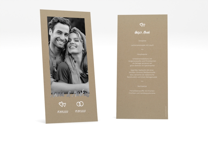 Menükarte Hochzeit Icons lange Karte hoch Kraftpapier silber