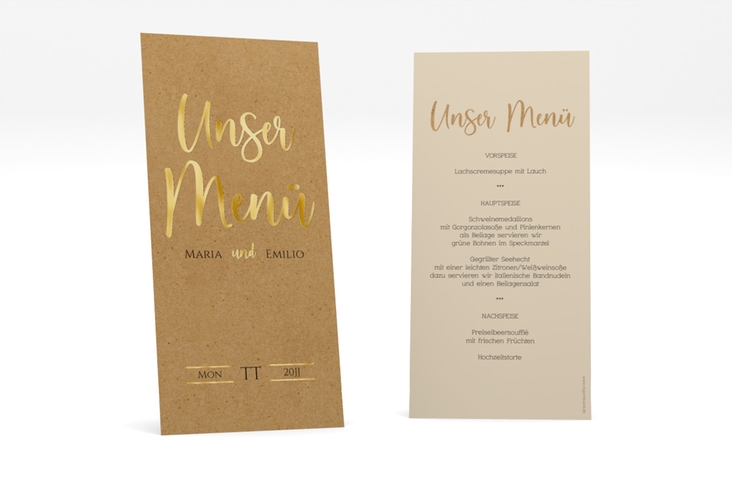 Menükarte Hochzeit Noble lange Karte hoch Kraftpapier gold mit elegantem Schriftzug