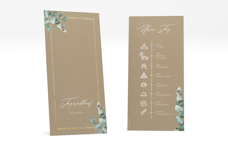 Tagesablauf Hochzeit Eucalypt lange Karte hoch Kraftpapier gold mit Eukalyptus und edlem Rahmen