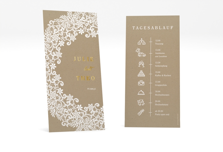 Tagesablauf Hochzeit Mariage lange Karte hoch Kraftpapier gold mit Bogen aus weißer Spitze
