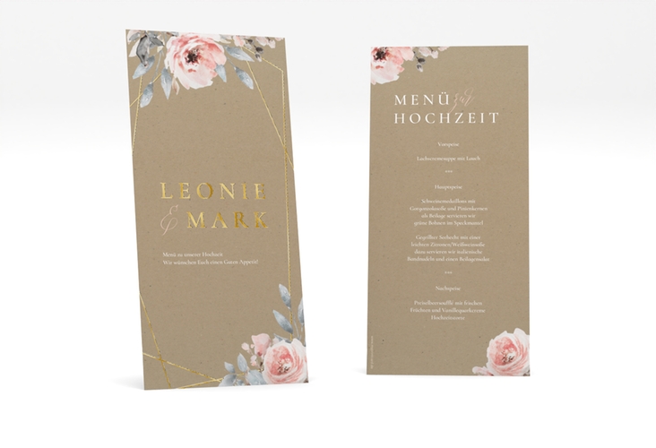 Menükarte Hochzeit Perfection lange Karte hoch Kraftpapier gold mit rosa Rosen